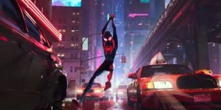 Spider-Man swinging through traffic in Spider-Man: Into the Spider-Verse
