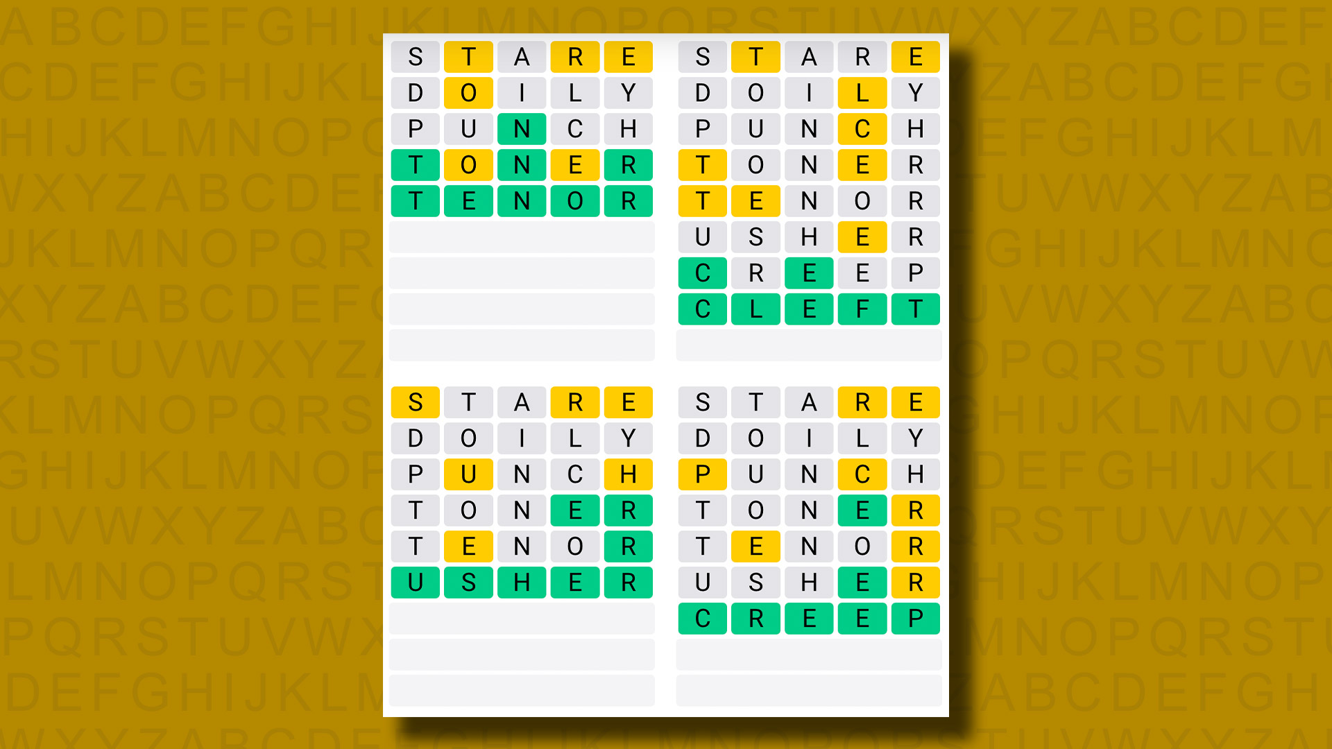 Quordle's answers for the game 933 on a yellow background