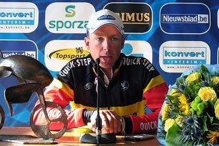 Stijn Devolder talks with the press last year after winning in Flanders