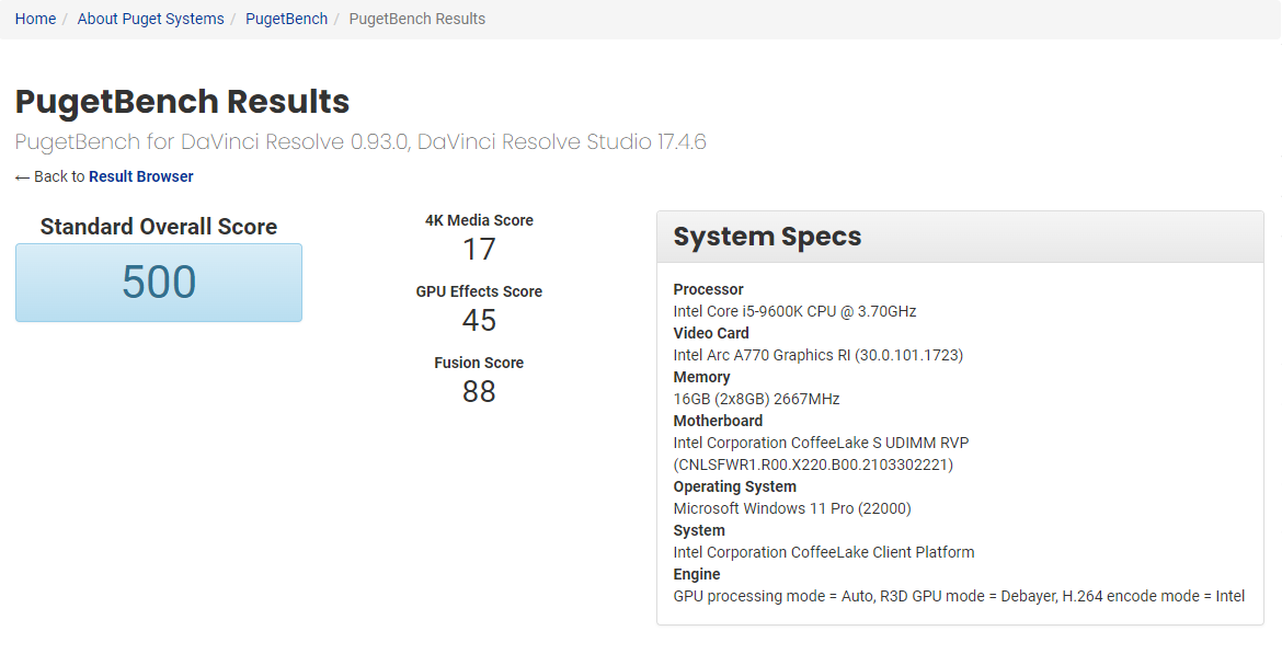 Benchmark rsults for Puget Bench
