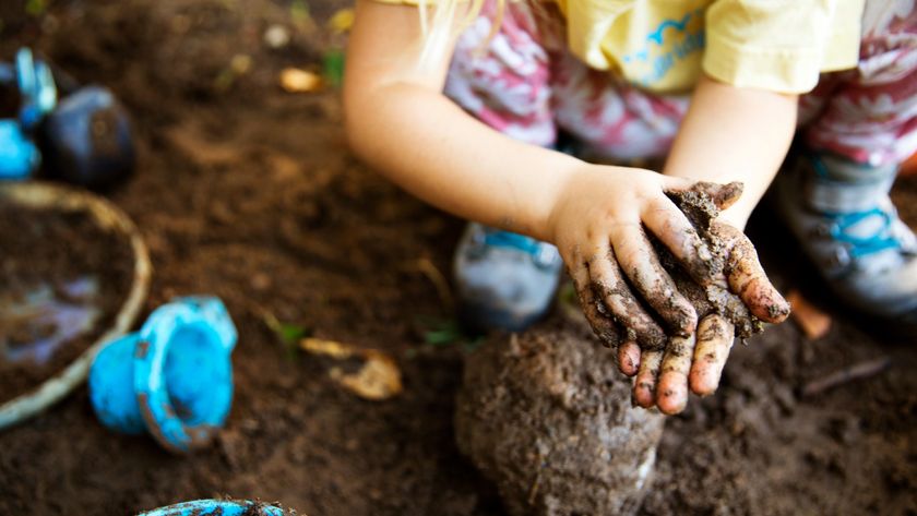 Close-up image of a girl playing with soil in her hand.