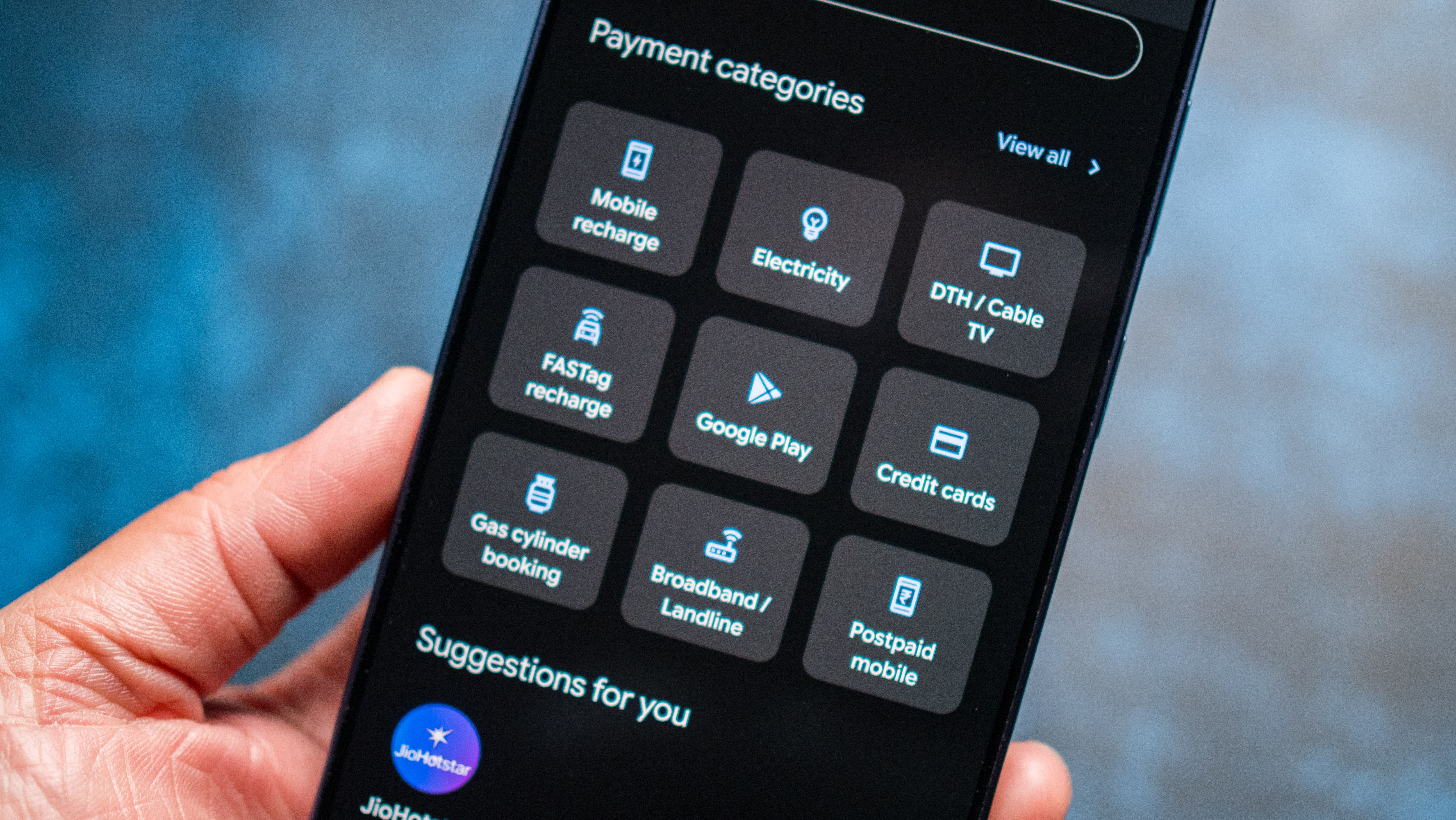 Google Pay home page in India showing all payment categories, including credit cards