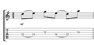 This simple 2nps pattern in 3/4 is applied to the D and G strings. Practise it slowly to a metronome and bring it up to speed. It's simple, but care is needed to play the picked and legato notes accurately.
