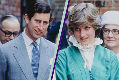 a split collage showing a young Princess Diana and Prince Charles