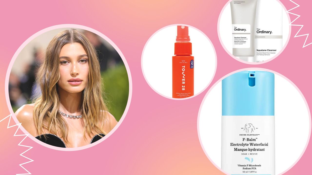 Hailey Bieber&#039;s skincare routine: Hailey Bieber pictured in a black dress at the 2021 Met Gala alongside products from Tower 28, The Ordinary and Drunk Elephant/in a pink and orange template