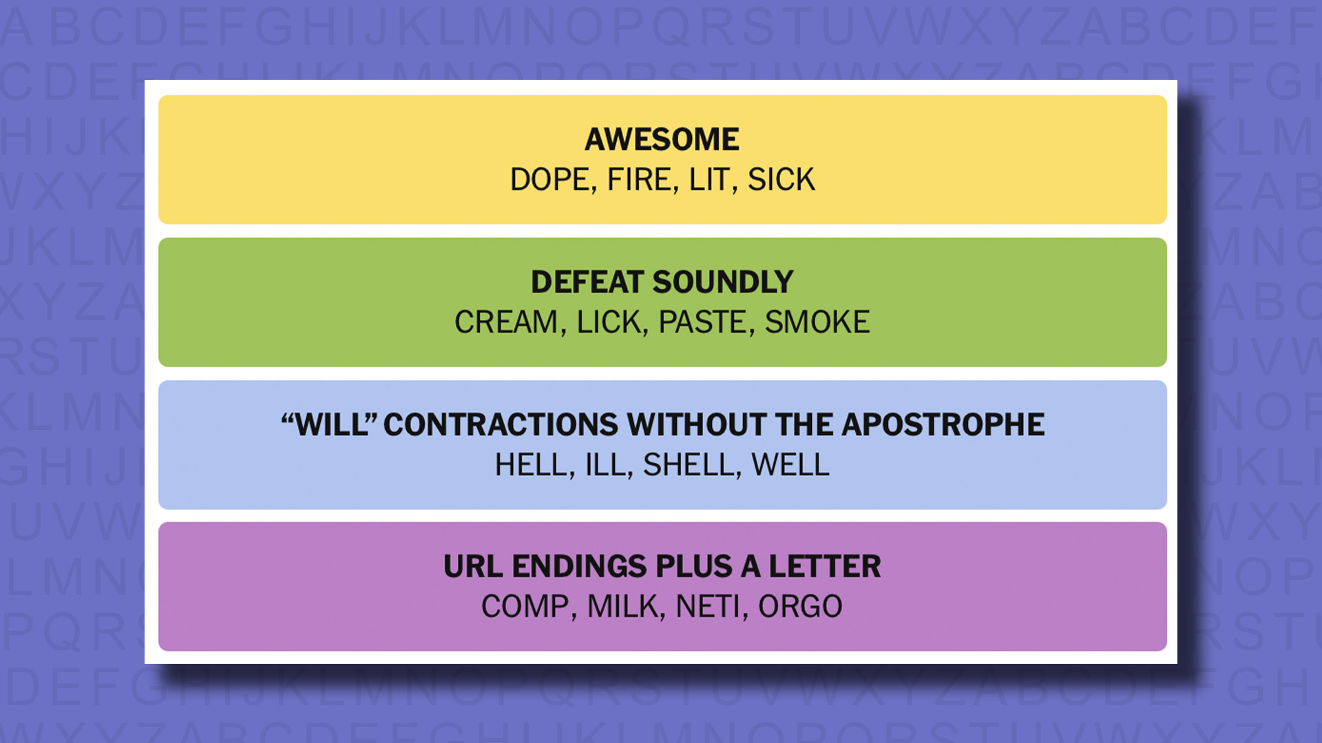 NYT Connections answers for game 692 on a purple background