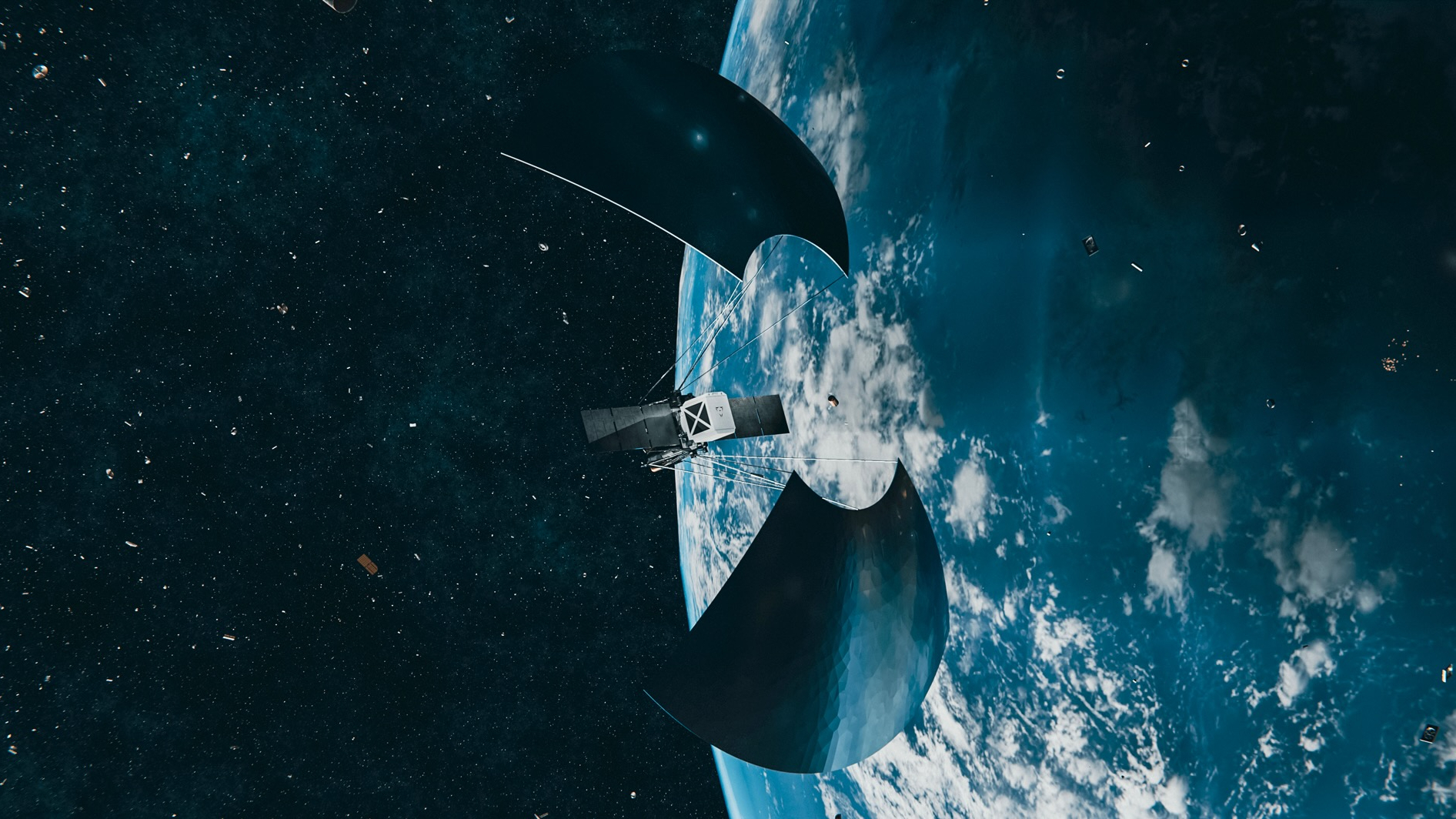 Artist's illustration of a spacecraft in earth orbit, with a number of small satellites below it