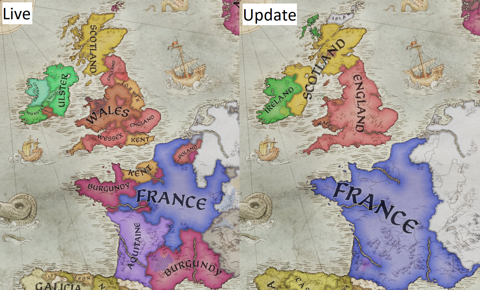 Comparison image of two maps, the right-hand side one with France and the UK countries mostly as you'd expect, the left-side ones more divided