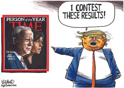 Political Cartoon U.S. Trump Biden Harris Time person of the year
