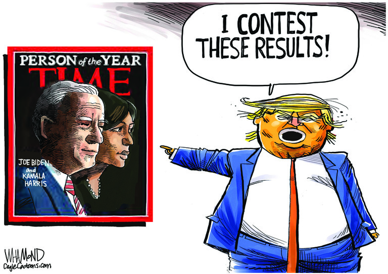 Political Cartoon U.S. Trump Biden Harris Time person of the year