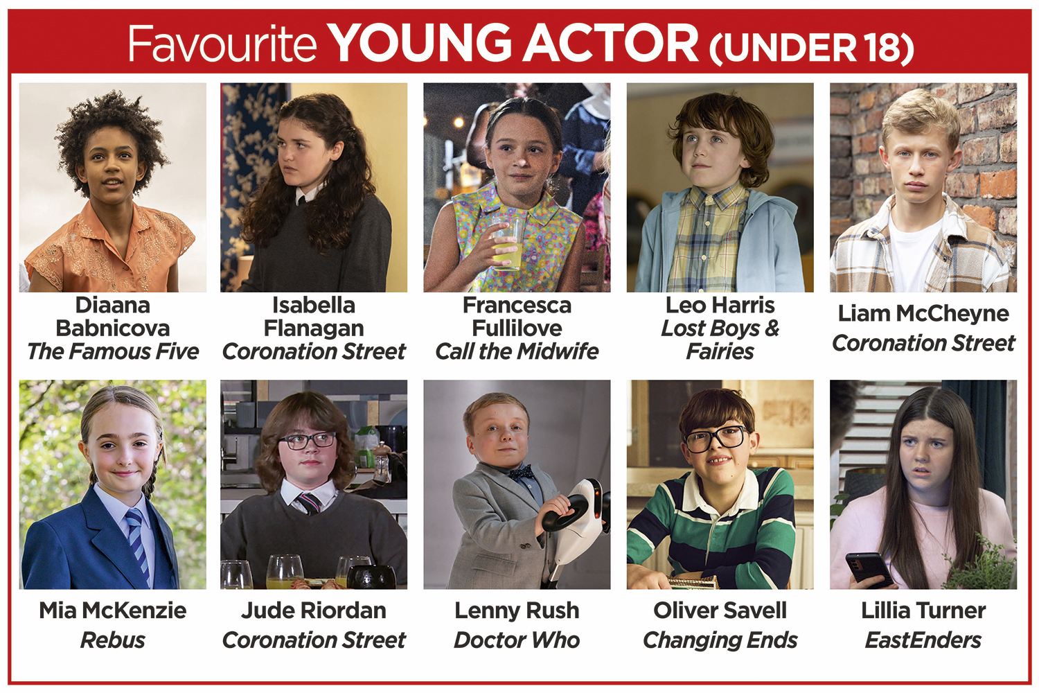 A grid of the nominees for Favourite Young Actor (Under 18) in the TV Times Awards 2024: Diaana Babnicova (The Famous Five), Isabella Flanagan (Coronation Street), Francesca Fullilove (Call the Midwife), Leo Harris (Lost Boys & Fairies), Liam McCheyne (Coronation Street), Mia McKenzie (Rebus), Jude Riordan (Coronation Street), Lenny Rush (Doctor Who), Oliver Savell (Changing Ends) and Lillia Turner (EastEnders).