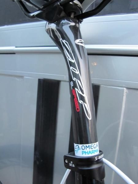 Zipp's latest SLSpeed carbon fiber seatpost is fitted on Tom Boonen's (Omega Pharma-Quick Step) Specialized S-Works Tarmac SL4 frame.