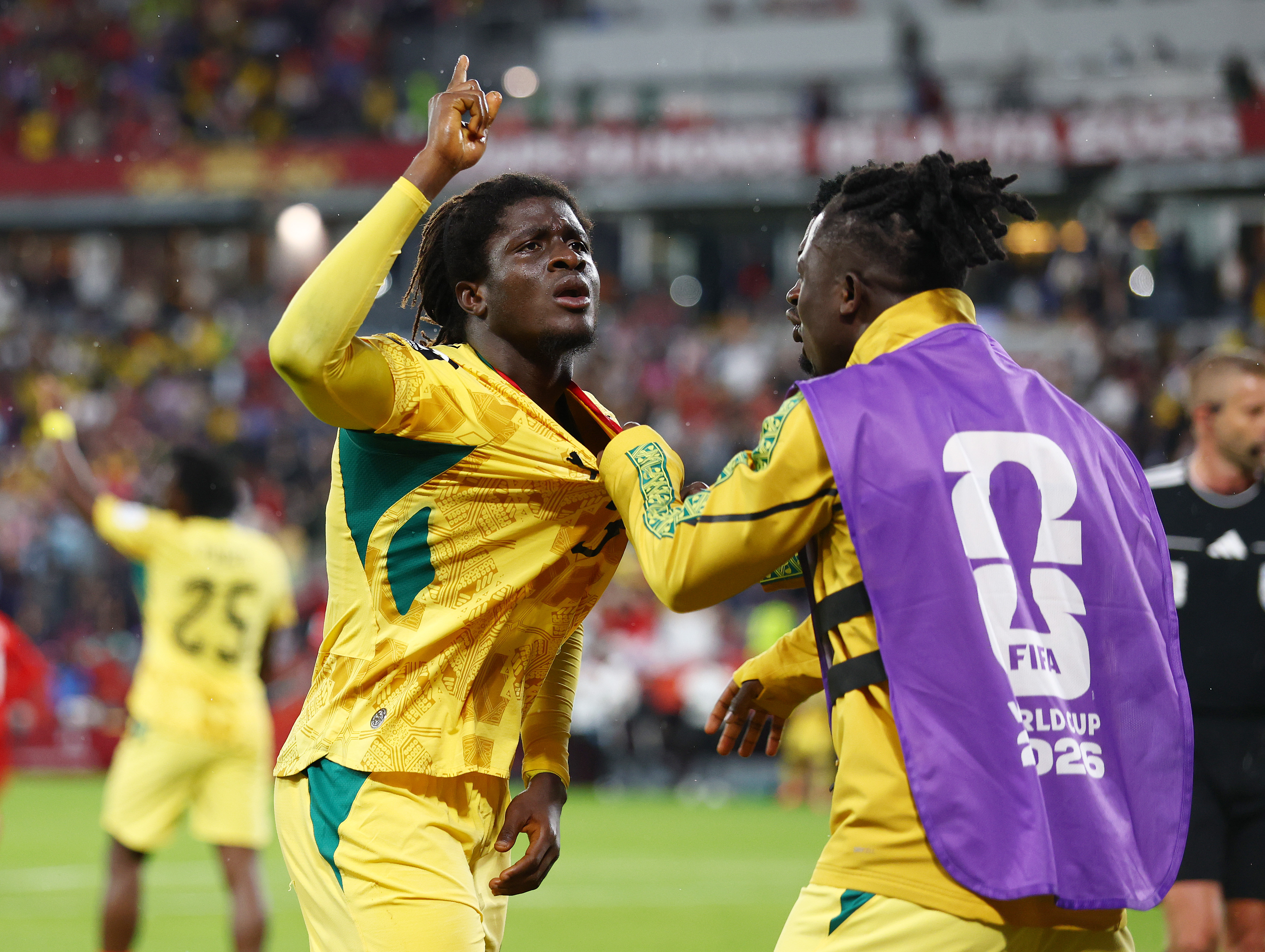 TORONTO, ONTARIO - JUNE 17: Caleb Yirenkyi #3 of Ghana celebrates with teammate Alidu Seidu #2 and Christopher Bonsu Baah #13 after scoring his team&amp;amp;apos;s first goal during the FIFA World Cup 2026 Group L match between Ghana and Panama at Toronto Stadium on June 17, 2026 in Toronto, Ontario. (Photo by Robert Cianflone/Getty Images)