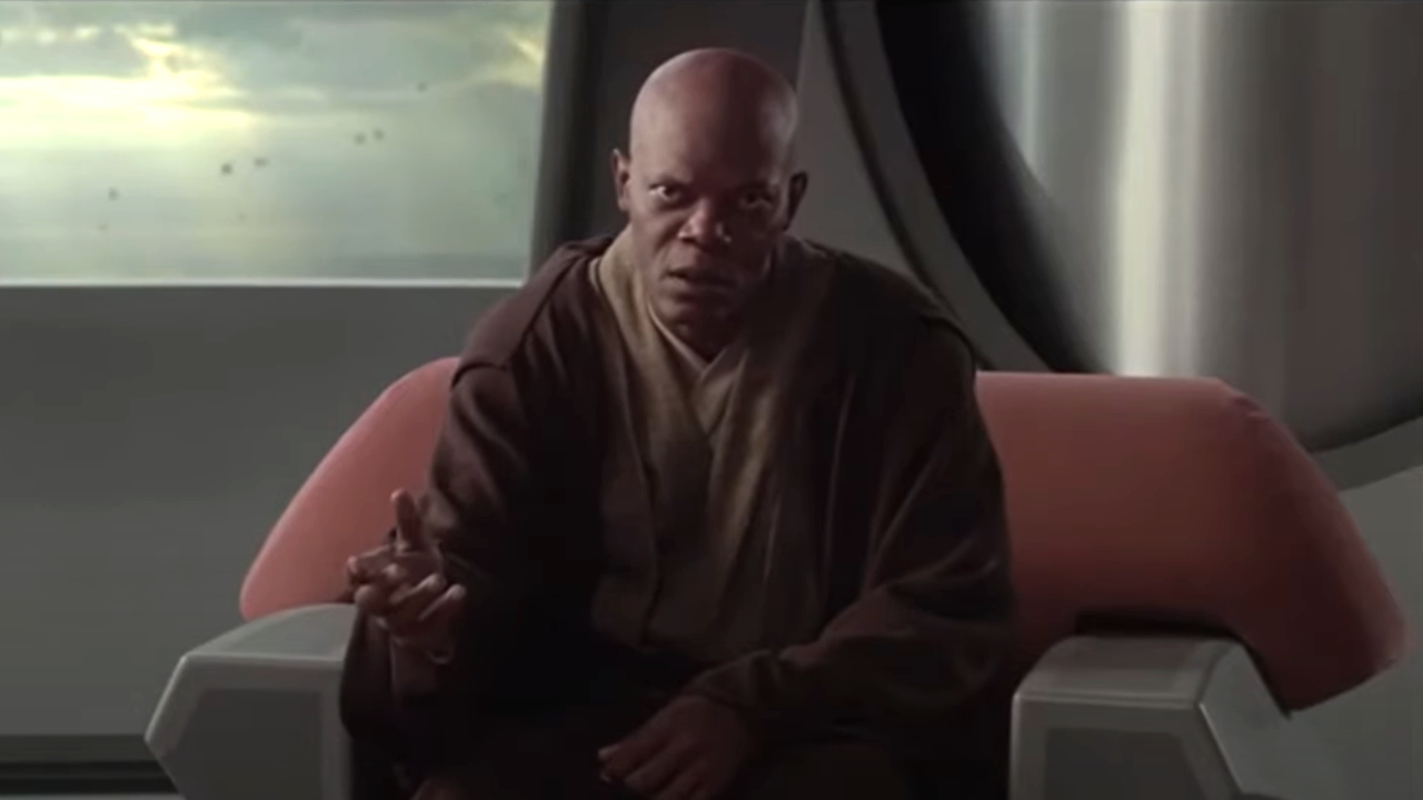 Samuel L Jackson sternly gestures to sit down in Star Wars: Episode III - Revenge of the Sith.