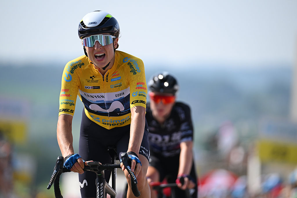 OBERKIRCH, SWITZERLAND - JUNE 13: Marlen Reusser of Switzerland and Team Movistar - Yellow Leader Jersey crosses the finish line during the 5th Tour de Suisse Women 2025, Stage 2 a 161.7km stage from Gstaad to Oberkirch 1047m / #UCIWWT / on June 13, 2025 in Oberkirch, Switzerland. (Photo by Tim de Waele/Getty Images