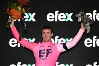 ADELAIDE AUSTRALIA JANUARY 17 Alberto Bettiol of Italy and Tam EF Education Easypost celebrates at podium as stage winner during the 23rd Santos Tour Down Under 2023 Prologue a 55km individual time trial stage from River Torrens Karrawirra Parri Adelaide CBD to River Torrens Karrawirra Parri Adelaide CBD TourDownUnder WorldTour on January 17 2023 in Adelaide Australia Photo by Tim de WaeleGetty Images