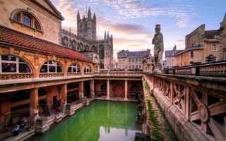 Bath Abbey from the Roman Baths, Bath, Somerset, England.