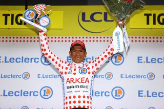 TIGNES FRANCE JULY 04 Nairo Quintana of Colombia and Team Arka Samsic Polka Dot Mountain Jersey celebrates at podium during the 108th Tour de France 2021 Stage 9 a 1449km stage from Cluses to Tignes Monte de Tignes 2107m Trophy LeTour TDF2021 on July 04 2021 in Tignes France Photo by Tim de WaeleGetty Images