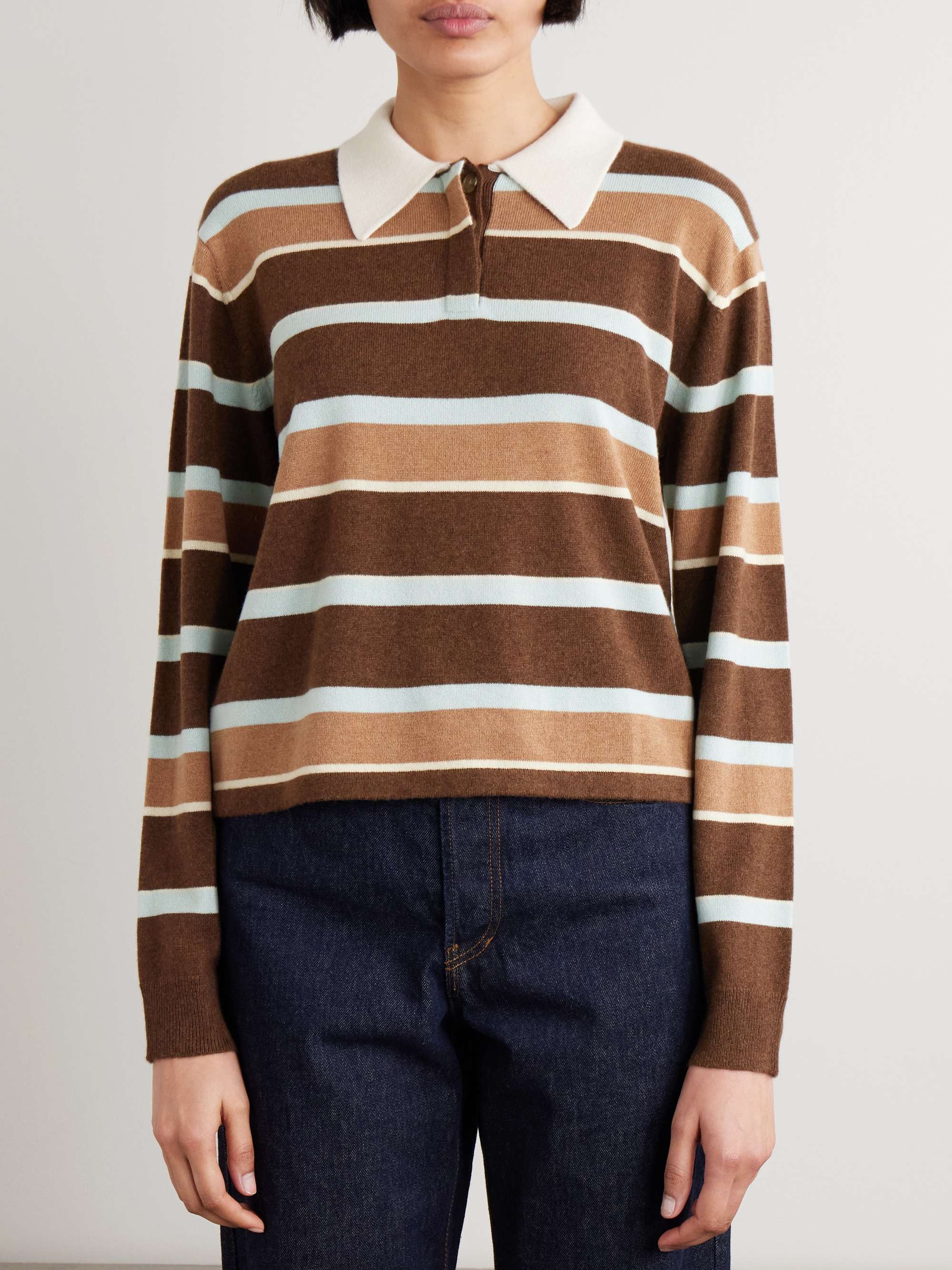 Cropped Striped Cashmere Polo Sweater