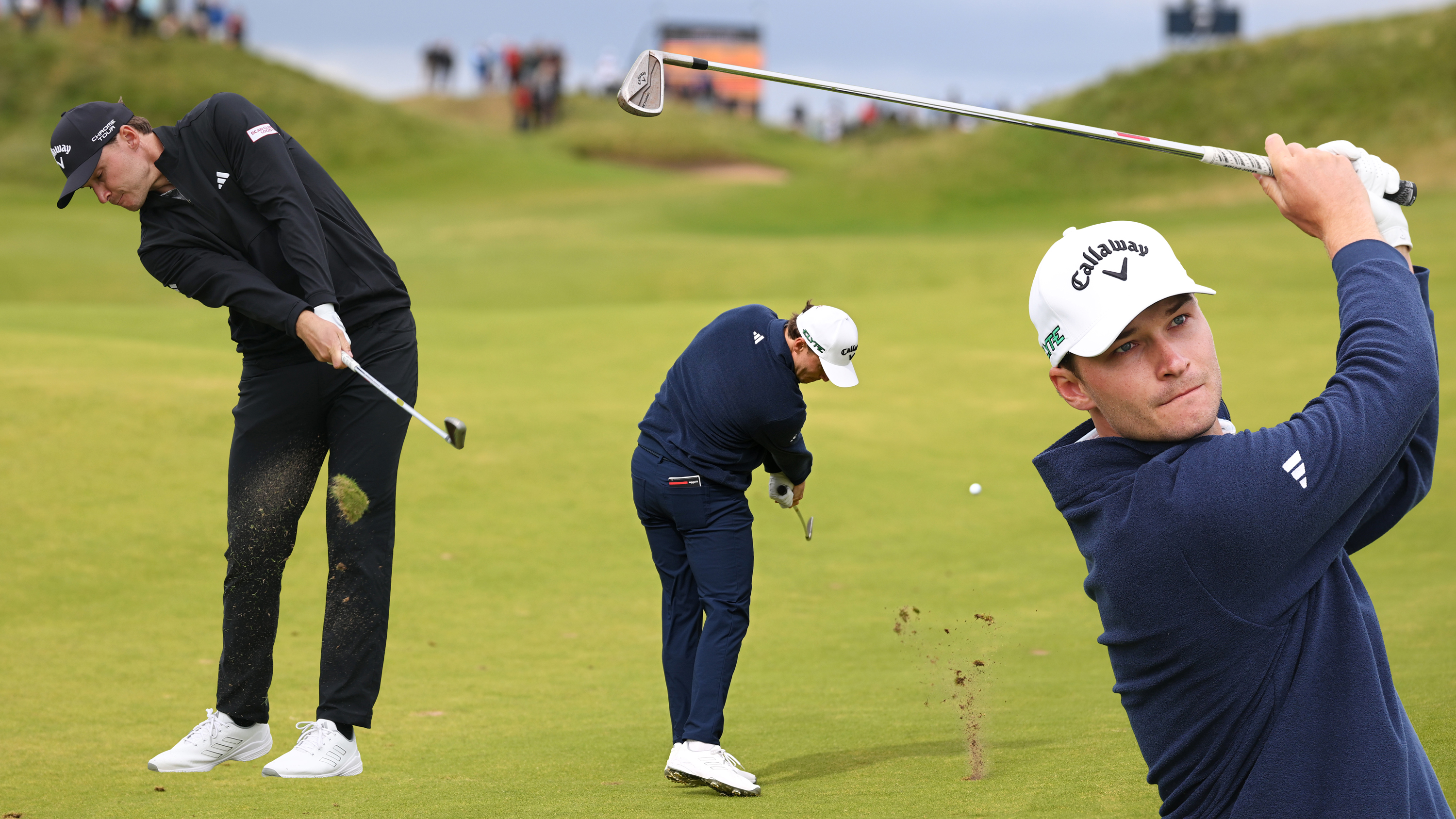 Rasmus Hojgaard in three images: hitting an iron shot from the fairway at the open championship, in the finish position after an iron shot and at impact with an iron shot