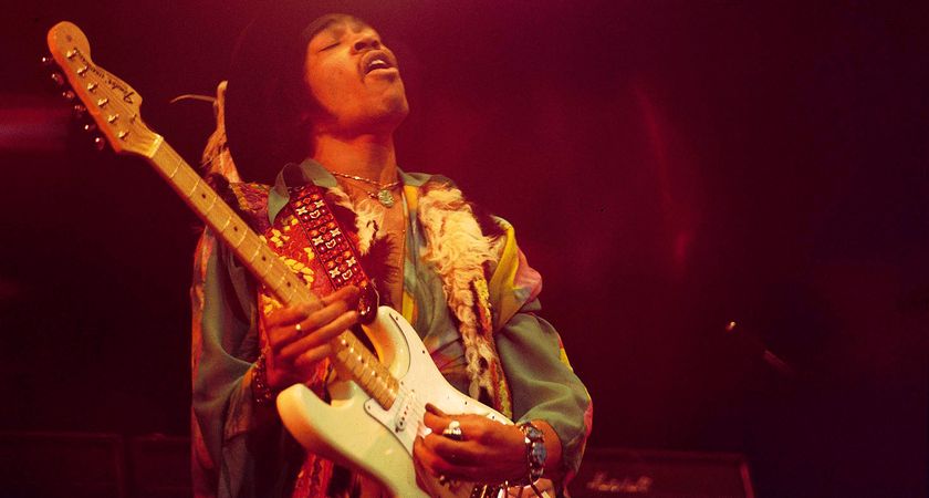 Jimi Hendrix plays his Olympic White Stratocaster at the Royal Albert Hall