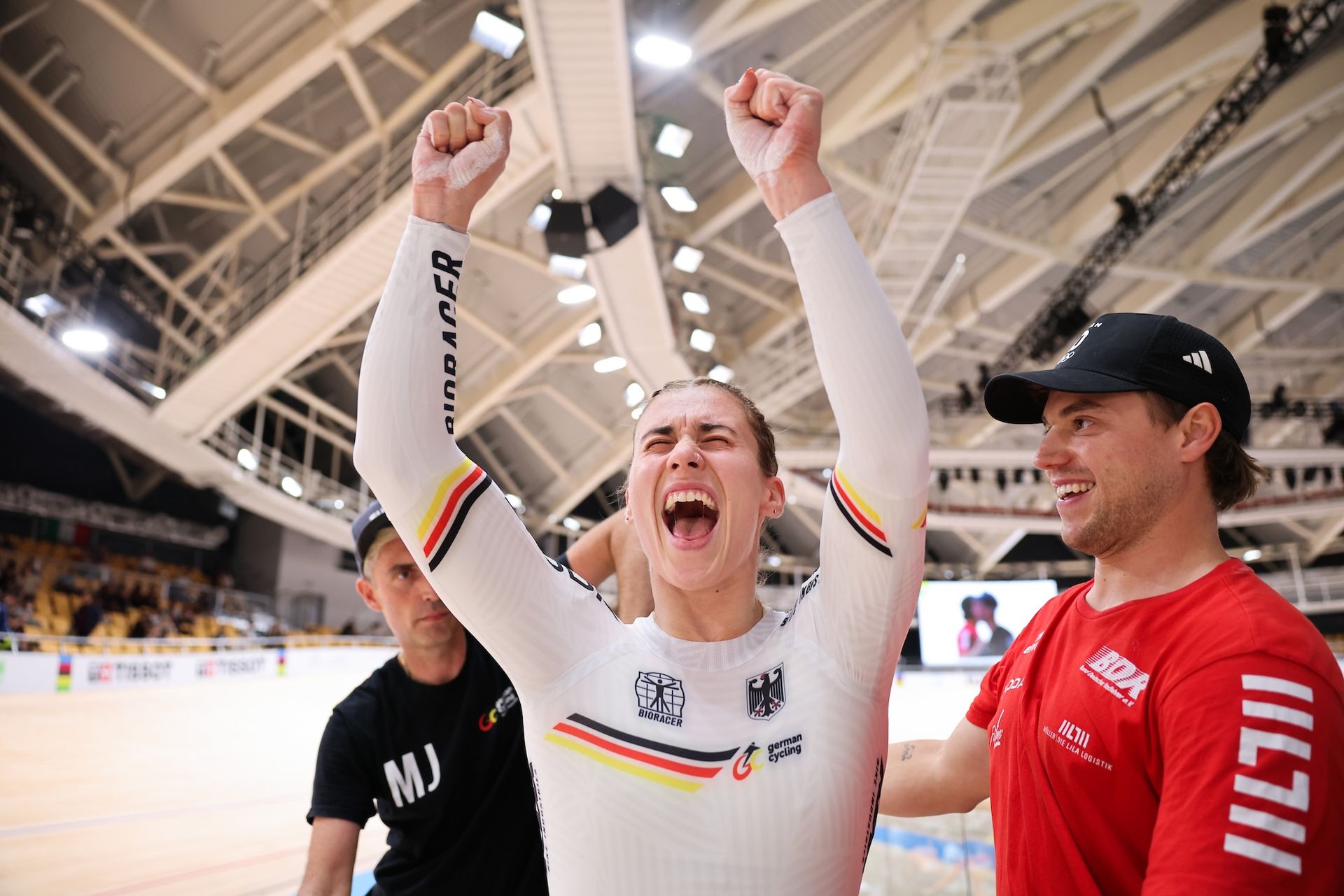 Sophie Grabosch celebrates victory in the time trial at the 2026 Track World Championships
