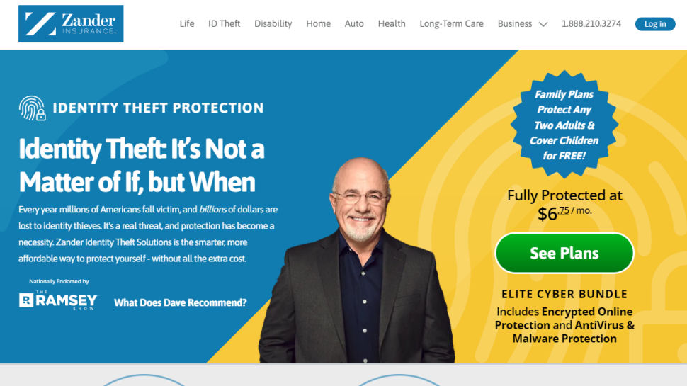 Website screenshot for Zander Identity Theft Protection