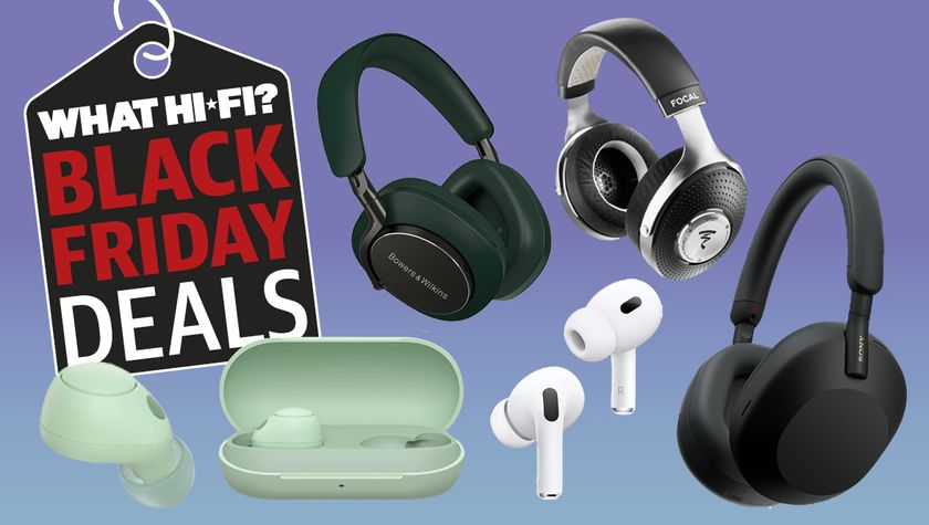 a selection of wired and wireless headphones and earbuds on a purple background with a Black Friday deals tag