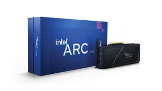 INtel Arc A750 graphics card on white background