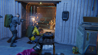 POV shot of someone aiming down a rifle and looking at their teammates during a sci fi heist