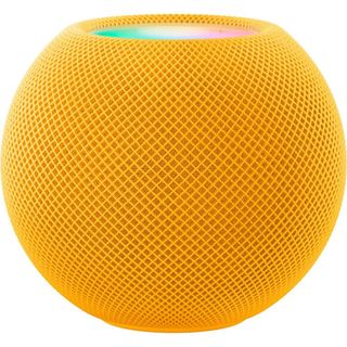 Orange round Apple HomePod Mini with multi-coloured light