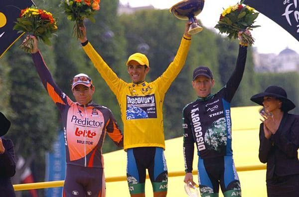 Cadel Evans, Alberto Contador and Levi Leipheimer on the final GC podium