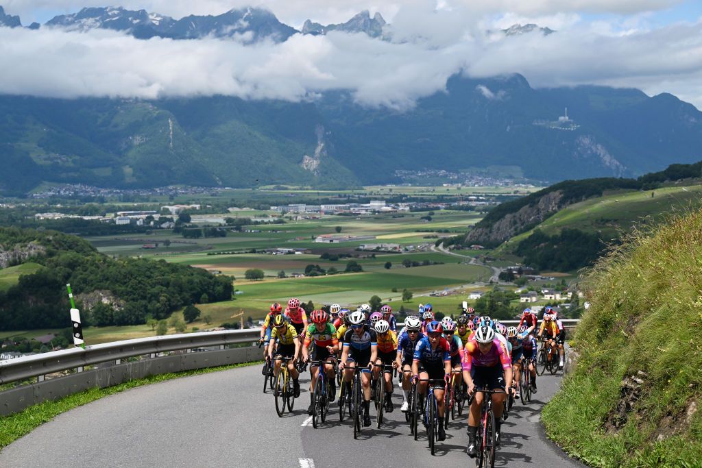 VILLARSSUROLLON SWITZERLAND JUNE 15 LR Elisa Longo Borghini of Italy and Team LidlTrek Jade Wiel of France and Team FDJSuez and Femke Gerritse of The Netherlands and Team SD WorxProtime lead the peloton during the 4th Tour de Suisse Women 2024 Stage 1 a 586km stage from VillarssurOllon to VillarssurOllon 1249m UCIWWT on June 15 2024 in VillarssurOllon Switzerland Photo by Tim de WaeleGetty Images