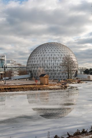 Ontario Place, showing grey day and large orb structure