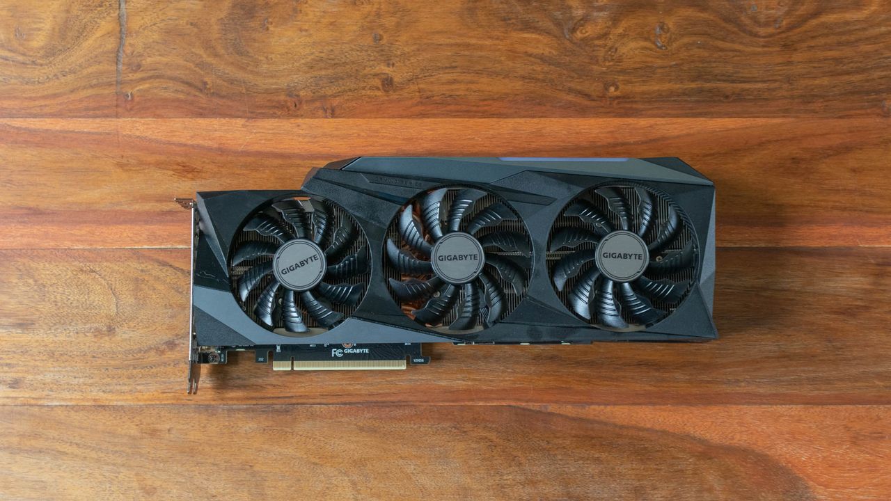 A photograph of the Gigabyte GeForce RTX 3090 GAMING OC 24G from above