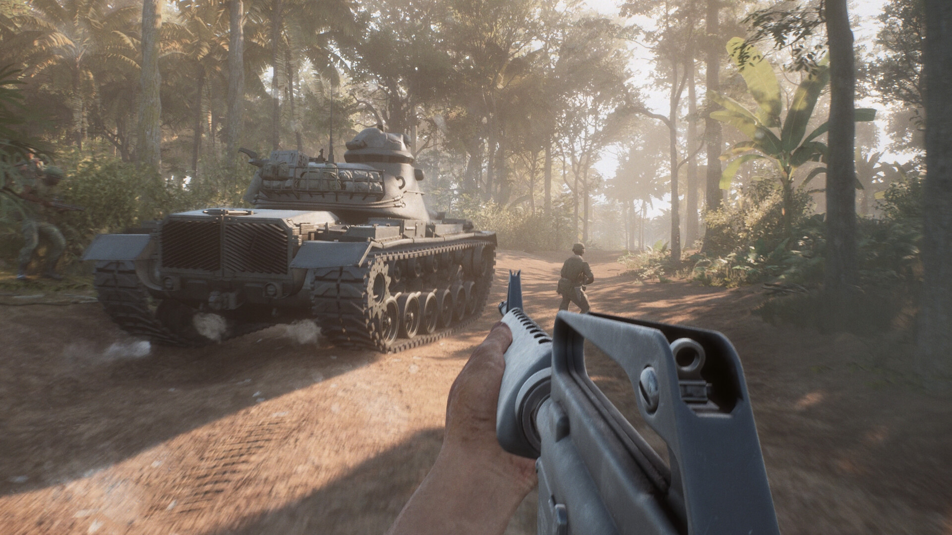 Hell Let Loose: Vietnam screenshot of a soldier aiming a gun towards a tank; another soldier can be seen nearby it