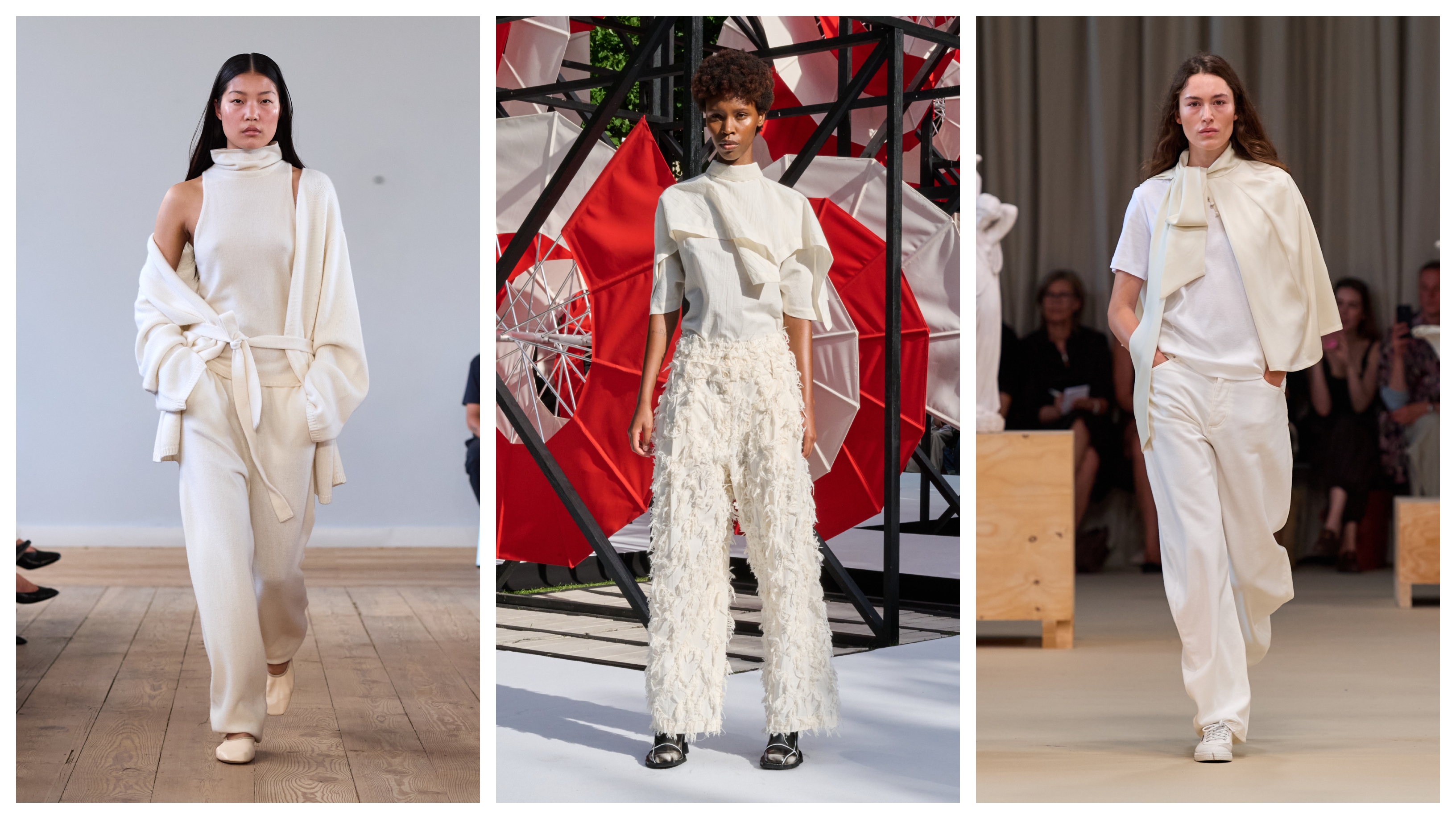 A collage featuring models wearing all-white trend on the runways of Copenhagen Fashion Week spring/summer 2027.