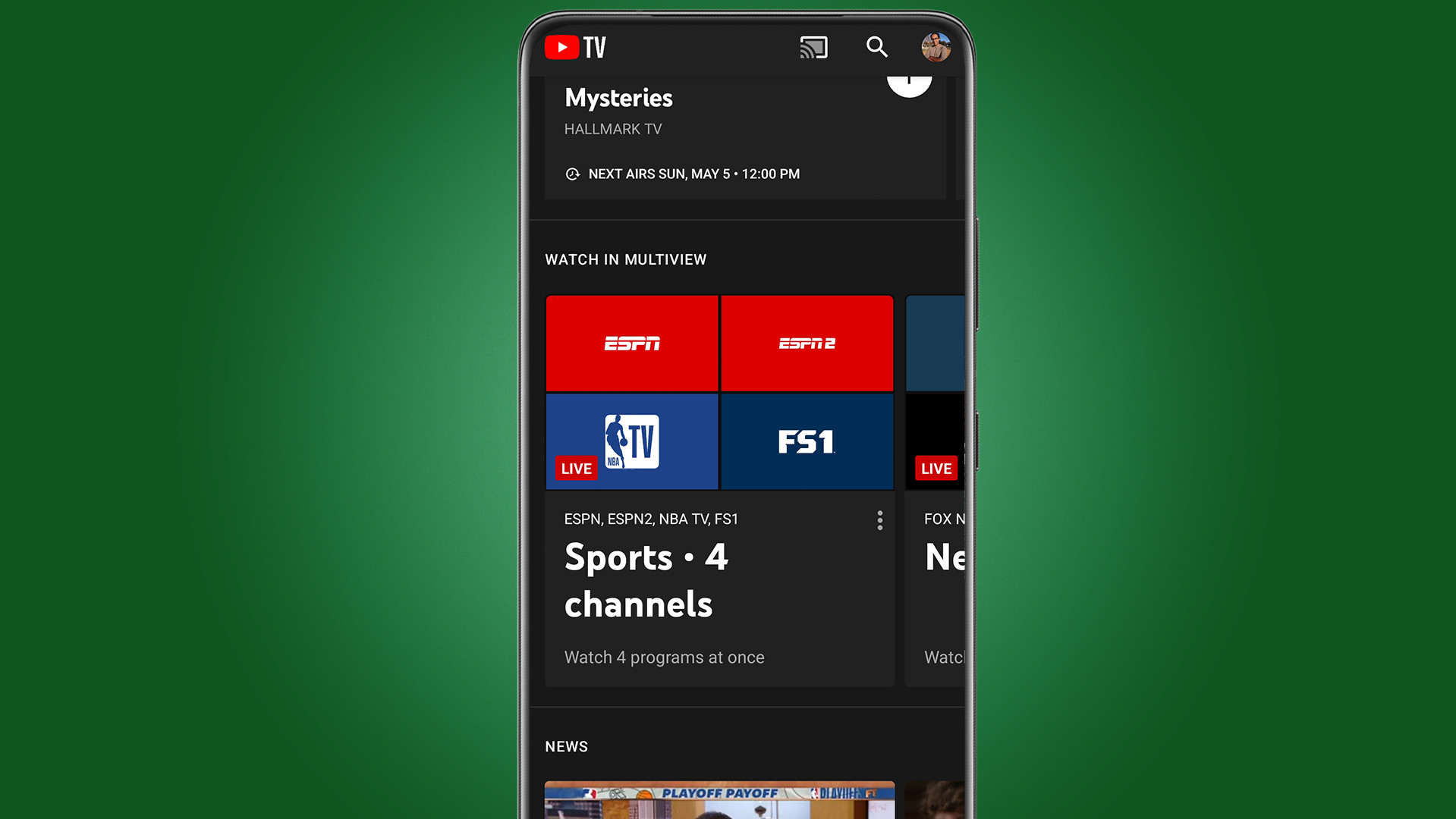 YouTube TV Multiview section on Android