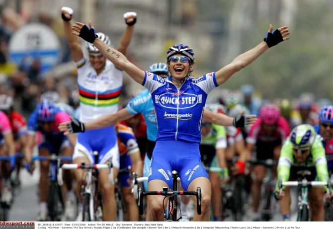 Quick Step-Innergetic teammates Pozzatto and Boonen celebrate the Italian's win in 2006