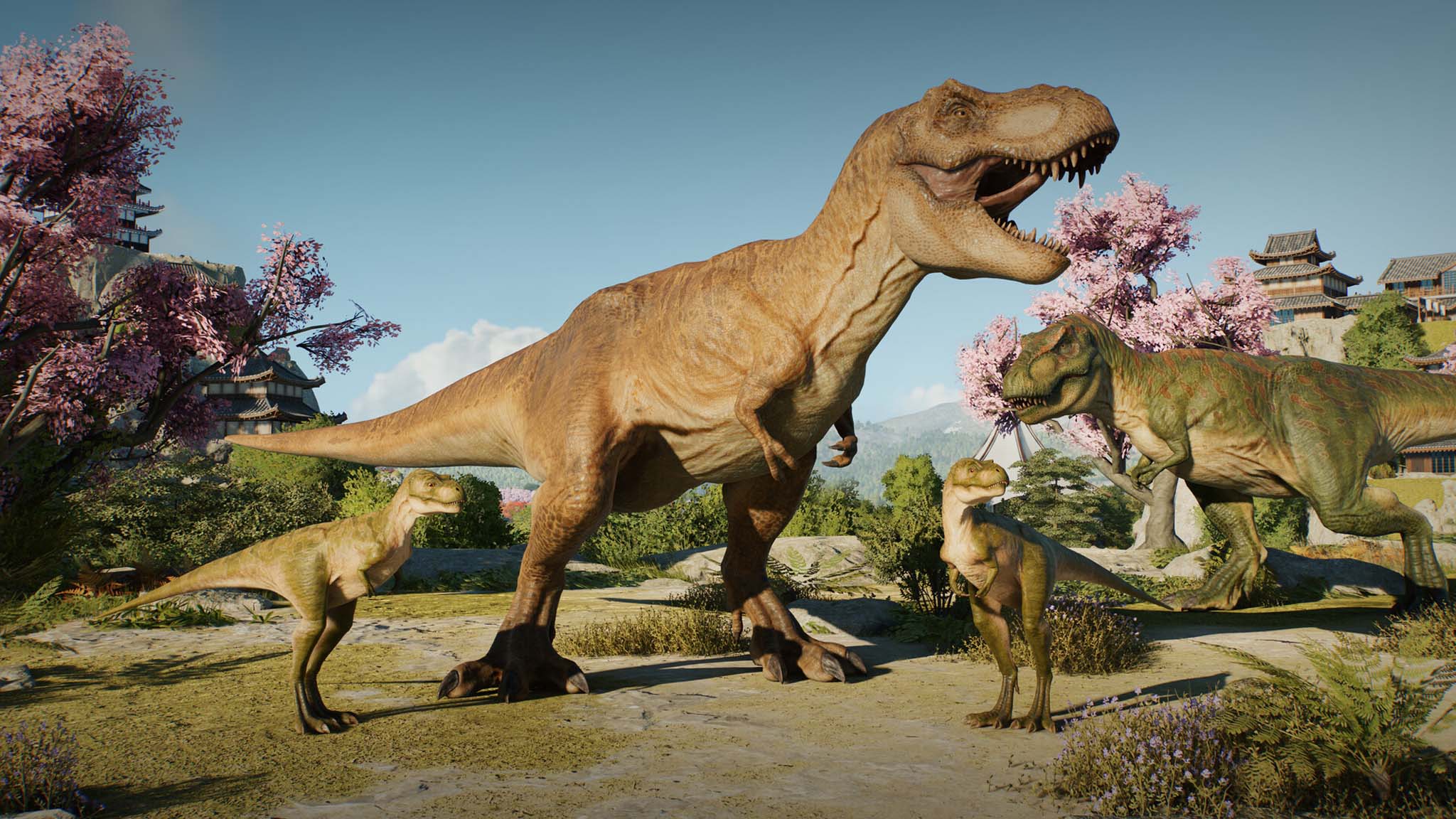 Screenshot from Jurassic World Evolution 3 showing T-Rex and other dinosaurs.