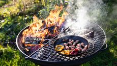 grilled food on half moon grill grate on fire pit from FirepitsUK