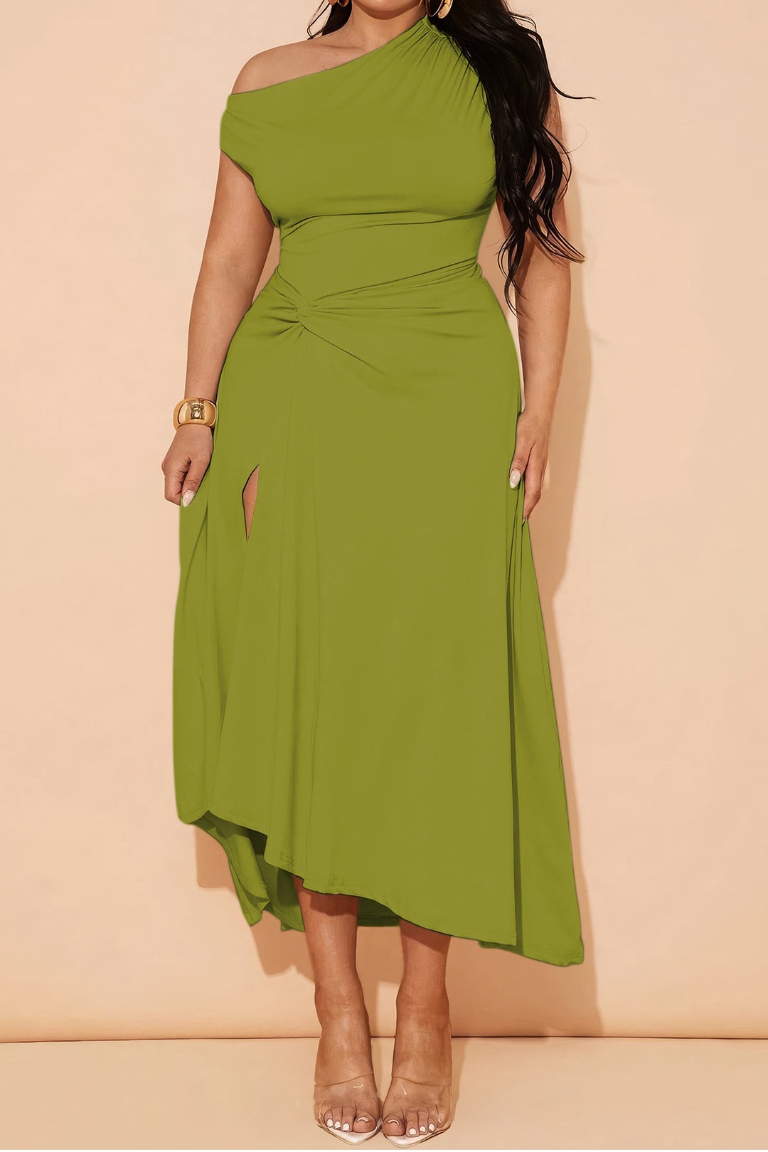 Asymmetrical Sleeveless Ruched Midi Dress