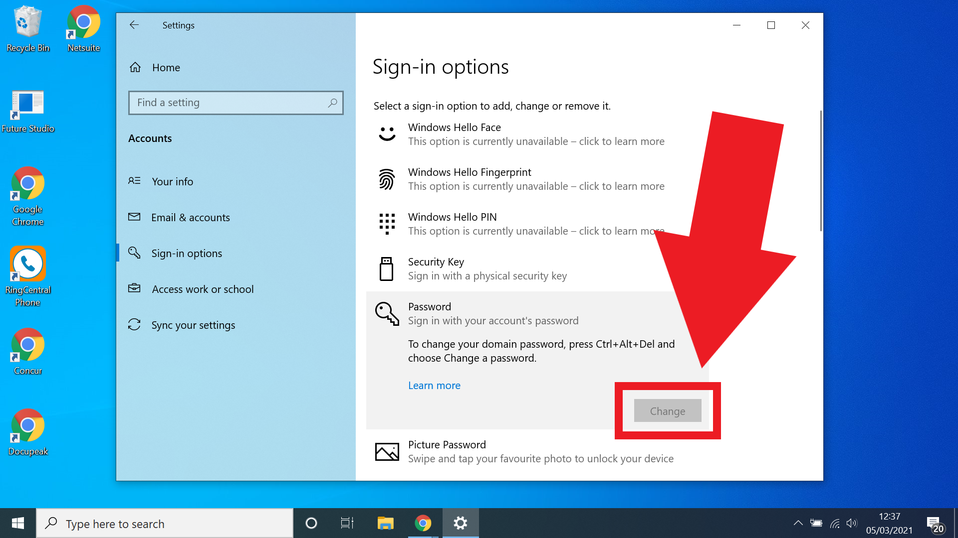 Как изменить пароль в Windows 10 - выберите изменить