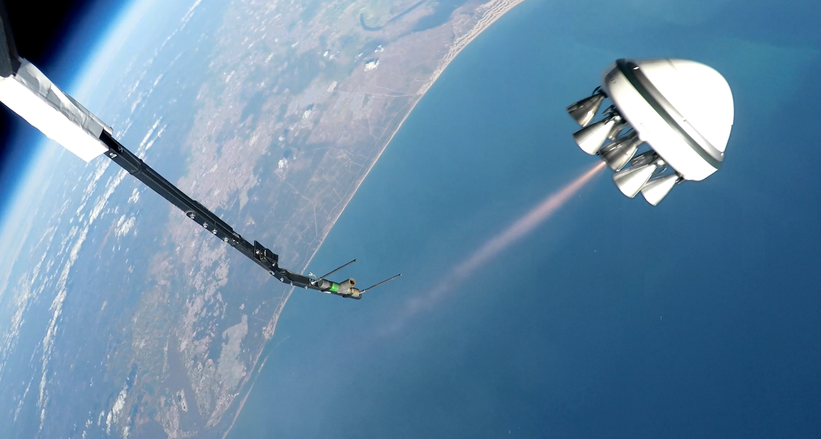 A Zero 2 Infinity Bloostar rocket prototype launches from a high-altitude balloon, itself flying 25 kilometers above Earth, during a test flight on March 1, 2017.