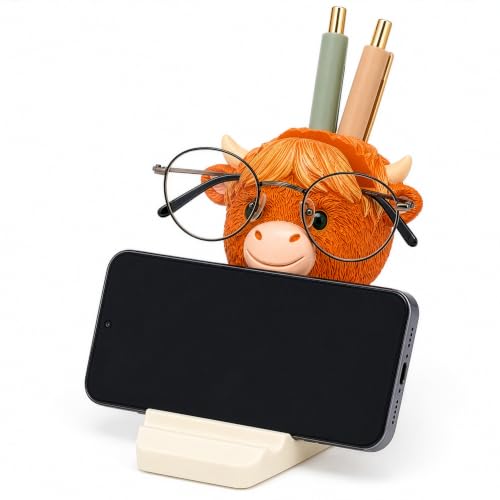 Lebriq Highland Coo Mate Highland Cow Desk Organizer for Glasses, Phone & Pens, Cow Desk Accessories & Office Supplies, Eyeglass Holder and Phone Stand Gift for Cow Lovers