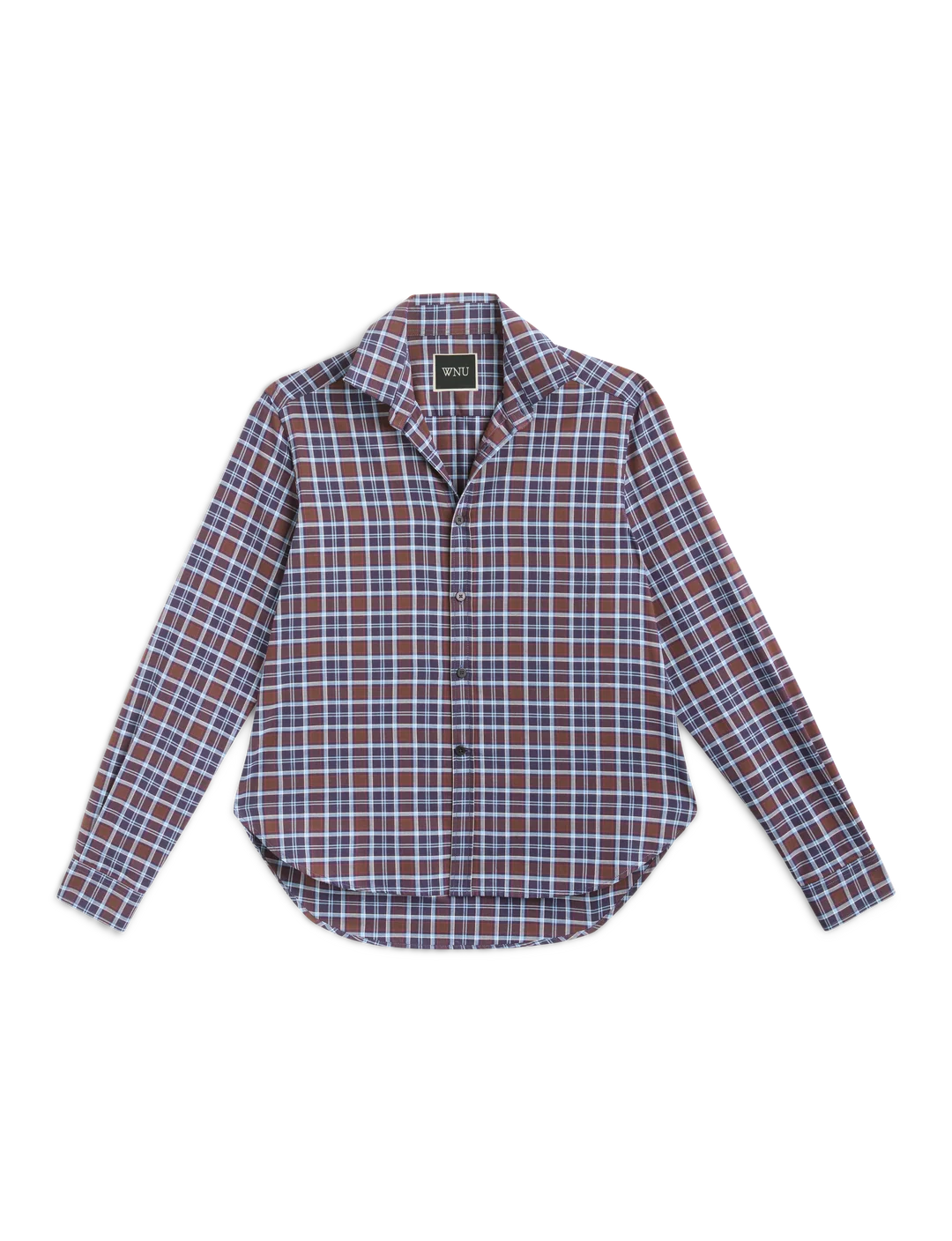 A blue and burgundy plaid With Nothing Underneath shirt.