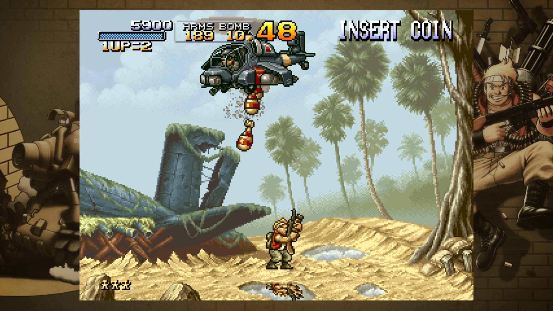 With a pixelated art style, a man with a gun fires at a helicopter that drops bombs from the sky in Metal Slug Ultimate Collection