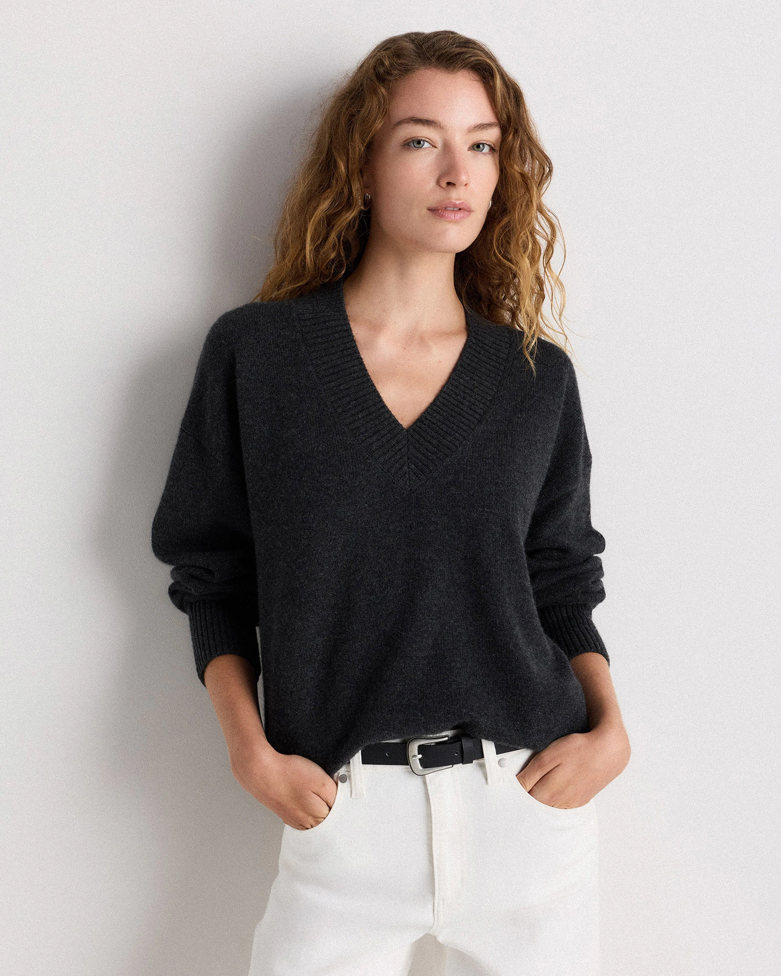 Mongolian Cashmere Oversized V-Neck Sweater in Heather Charcoal