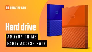 A blue and an orange external hard drive on a lighter orange background, with Amazon Prime Early Access Sale in print. 