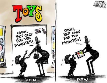 Editorial cartoon U.S. Toys R Us closing technology video games children